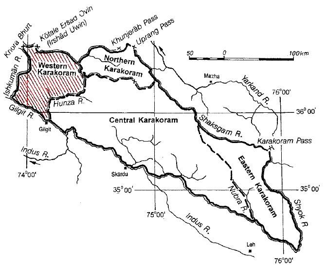 Mapa Karakorum z zaznaczonym Karakorum Zachodnim